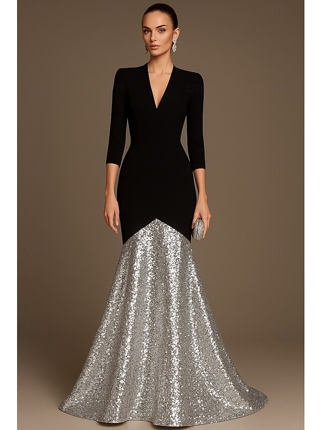  abito da sera elegante a sirena con paillettes nere, oro e argento, abito formale da sposa, lunghezza al pavimento, manica a 3/4, scollo a V con pieghe 2025