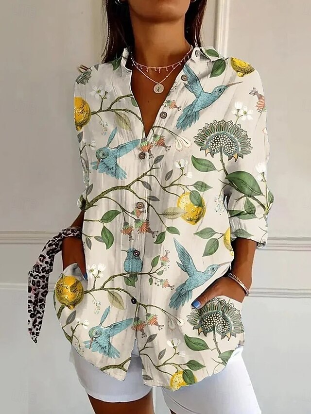Women's Shirt Button Down Tunic Shirt Collar Long Sleeve Floral Graphic Vintage Daily Stylish Regular Tops Work Daily Holiday s Print Yellow Pink Beige Spring Fall4