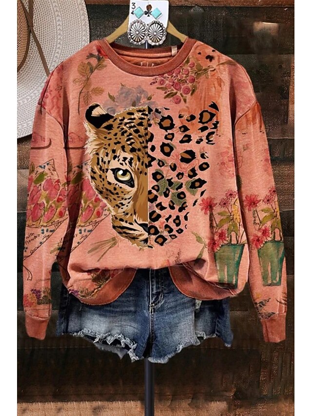 Women's Sweatshirts Graphic Leopard Casual Long Sleeve Crew Neck Regular Tops Street Dailywear Casual Print Purple Orange Green Spring Fall Winter4