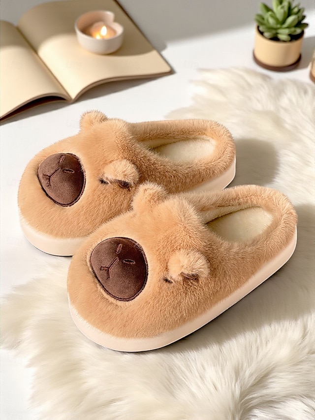  Papuci de pluș pentru femei cu ursuleți capibara – pantofi de interior din fleece călduroși cu design drăguț cu animale, pentru casă, dormitor și zile confortabile de iarnă