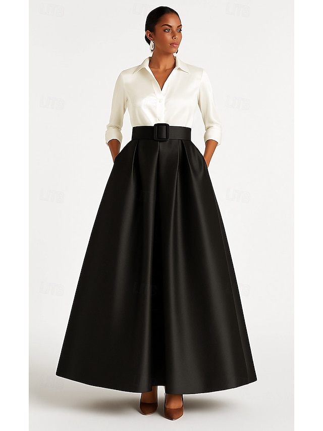  abito da sera a trapezio bianco e nero elegante abito formale da sposa lungo fino al pavimento manica a 3/4 colletto camicia in raso elasticizzato con pieghe 2025