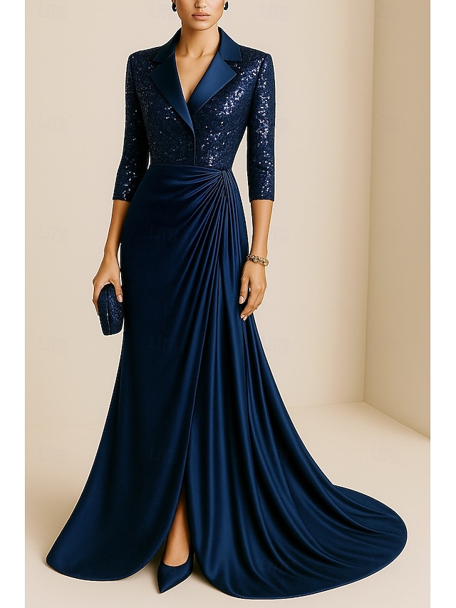  Havfrue Kveldskjoler Elegant Kjole Formell Bryllup Gulvlengde Langermet Knaphul Champagne Mother Of the Bride-kjole Elastisk satin med Glimmer Plissert 2025