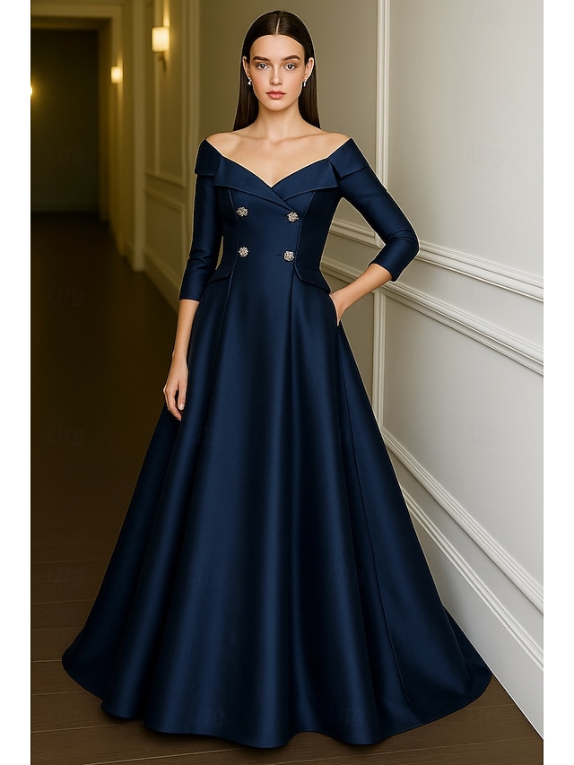  Smokingkleid A-Linie Formell Hochzeit Hochzeitsgast Satin Elegant seidig 3/4 Ärmel Plissee Bodenlang