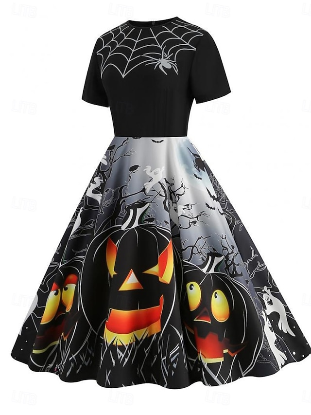  Halloween Femmes Robe Midi Robe trapèze Occasionnel Quotidien Fête Coupe régulière Potiron toile d'araignée Manche Courte Col ras du cou Noir Bleu Orange Abricot Été Printemps Automne
