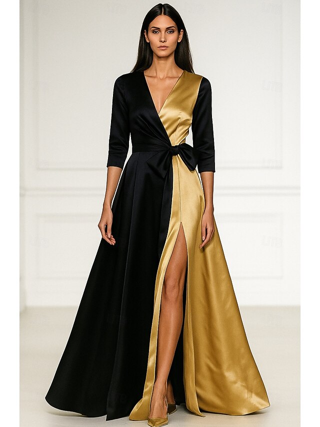 Black Gold A-Line Evening Gown Elegant Dress Formal Wedding Floor Length Half Sleeve V Neck Stretch Satin with Bow(s) Pleats4