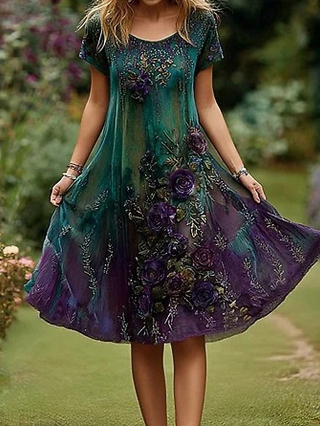  Pentru femei Rochii Midi Rochie casual Rochie de vară Modă În aer liber Petrecere Concediu Fit regulat Floare Manșon scurt Stil Nautic Trifoi Vară