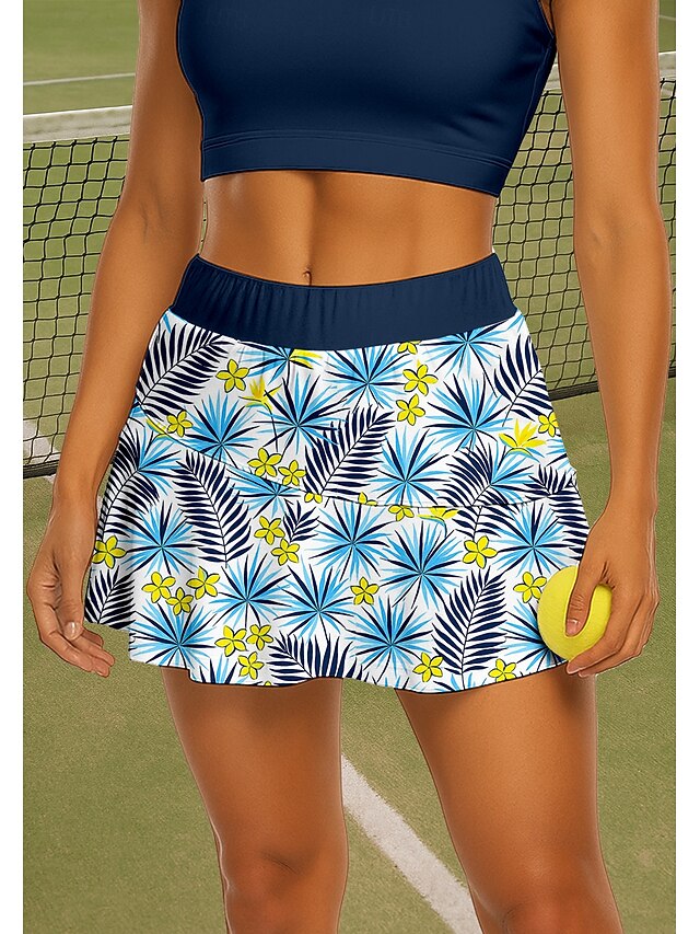  Damen Blumenmuster Tennisröcke Patchwork Tasche 2 in 1 UPF50+ UV-beständig Mit Taschen Volleyball Tennis Badminton Shorts Rock Marinenblau Tennisbekleidung