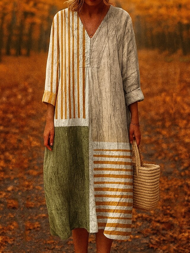 Women's Midi Dress V Neck Long Sleeve Kaftan Lightweight Loose Fit A Line Dress Casual Boho Going out Loose Fit Graphic Geometric Long Sleeve V Neck Light Brown Fall3