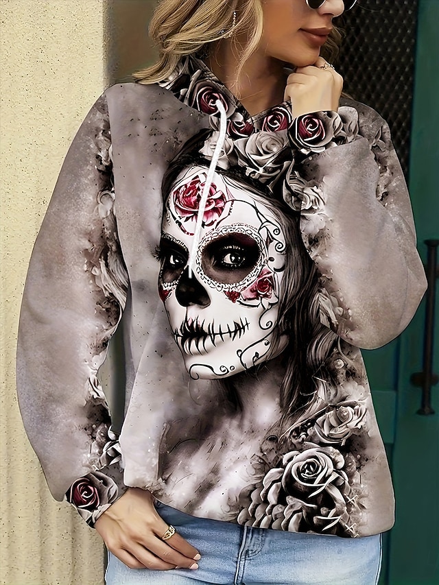  Damskie Bluza z kapturem i bluzą Graficzny Czaszka Moda Codzienny Nadruk Długi rękaw Kaptur Zwykłe topy Ulica Na co dzień Ściągana na sznurek Nadruk Szary Jesień Zima