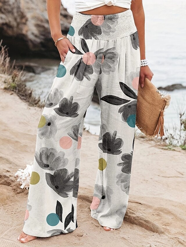  Per donna Pantaloni in cotone e lino Gamba larga Chinos Vacanza Moda Casual Lunghezza intera Vita Alta Floreale Tasca Fascia Elastica Stampato Comodo Morbido Confortevole Micro-elastico All'aperto