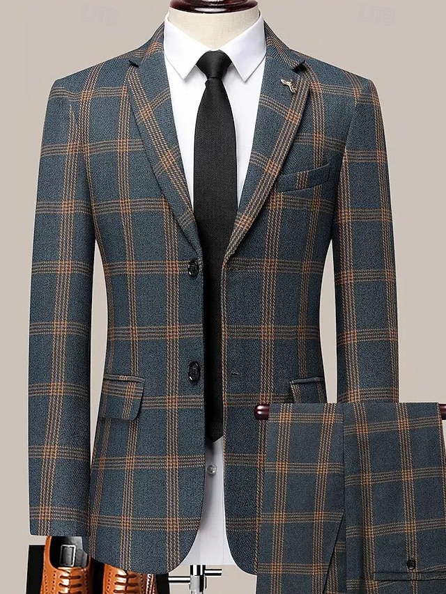 Men's Business Business Suits Notch Lapel Dusty Blue Plaid Slim Fit 3 ...