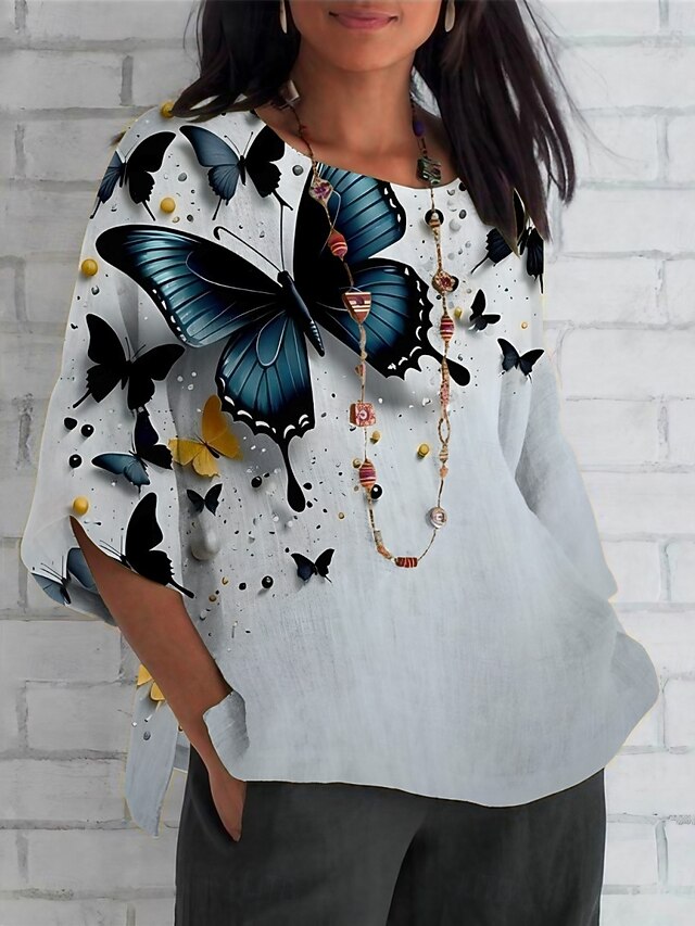 Women's Shirt Butterfly Active Daily Stylish Long Sleeve Shirt Collar Regular Tops Daily Holiday Buttons Print Gray Summer Spring Fall4