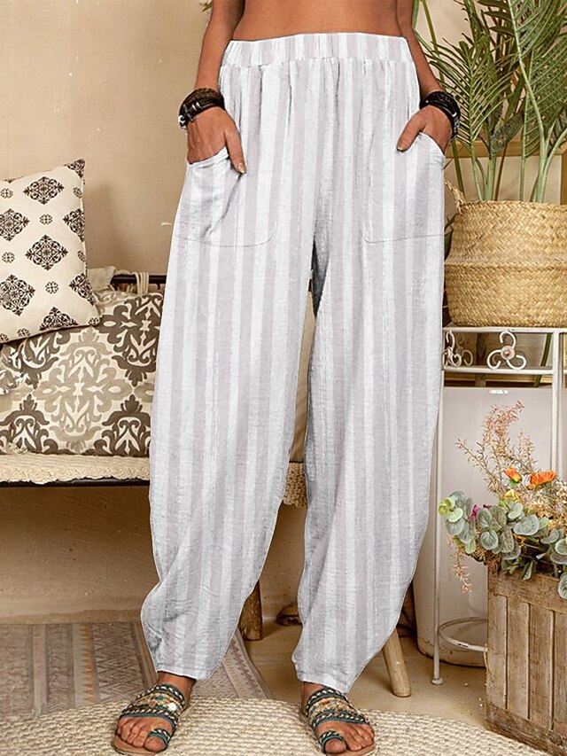 Women's Chinos Pants Trousers Active Fashion Long High Waist Stripe Pocket Elastic Waist Printing Breathability Soft Micro-elastic Vacation Street Daily Wear White Spring Fall Regular Fit4