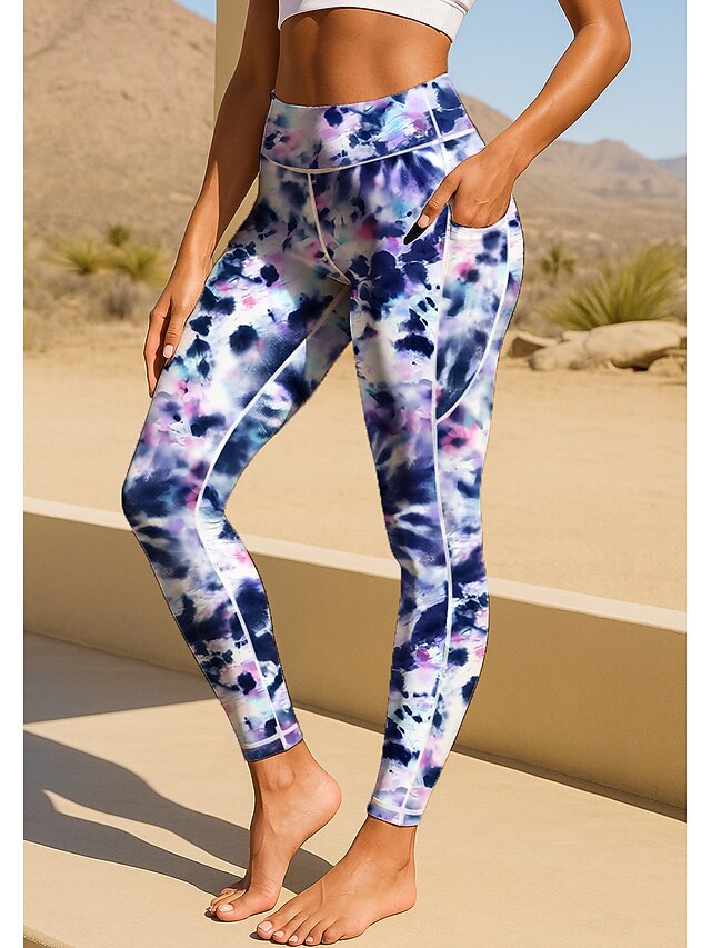 Women's pilates leggings fitness pants Gym Leggings Pockets Stamp Duty Side Pockets Pilates Gym Gym Workout Pants Tights Leggings Graphic Tie Dye Color Gradient Blue and White Sports Activewear4