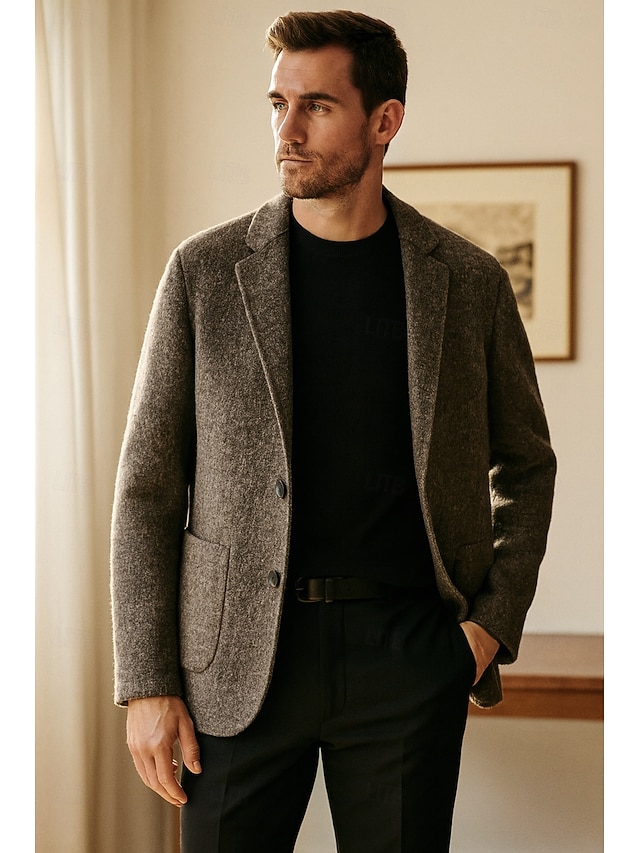  herr ullblandad kavaj jacka skola formell semester elegant klassisk vår höst ull polyester enfärgad fiskbensmönster termisk varm enkelknäppt tvåknapps kavaj kaffe grå
