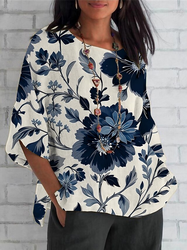 Women's Shirt Floral Daily Casual 3/4 Length Sleeve Crew Neck Regular Tops Daily Holiday Print Navy Blue Beige Summer Spring Fall4