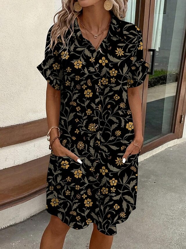 Women's Mini Dress Shirt Dress Casual Dress Print Dress Fashion Modern Daily Beach Weekend Regular Fit Floral Short Sleeve Shirt Collar Black Summer Spring Fall Autumn4