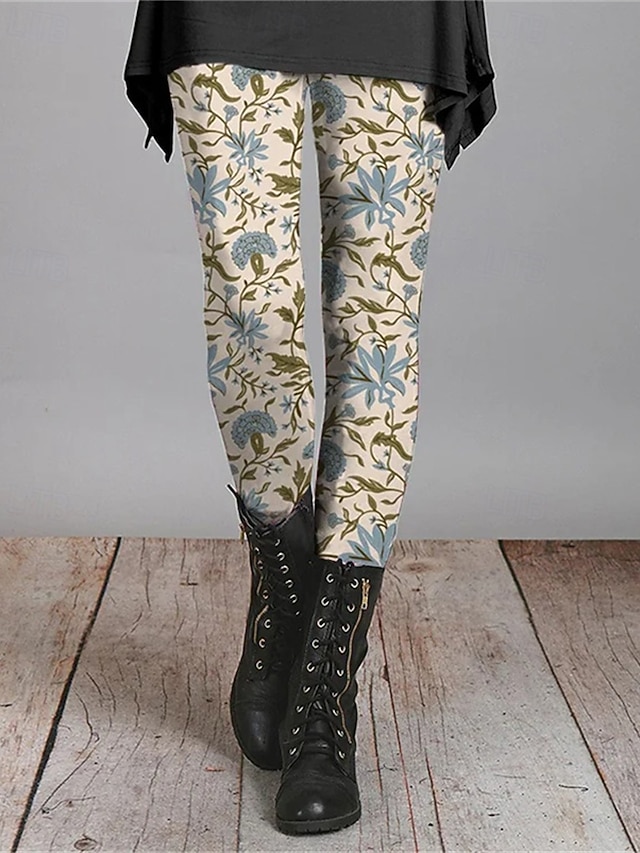 女性用 パンツ レギンス 心地よいレギンス ストリートファッション カジュアル 全長 ハイウエスト フラワー 弾性ウエスト プリント 通気性 快適 伸縮性あり バケーション ストリート デイリーウェア ホワイト 夏 春 秋 レギュラー
