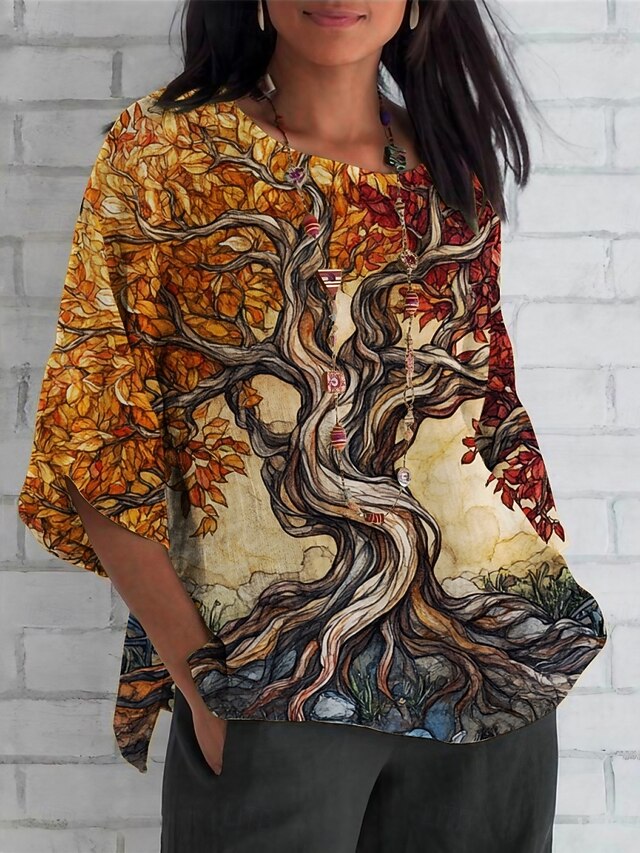 Women's Shirt Tree Bohemia Daily Casual 3/4 Length Sleeve Crew Neck Regular Tops Daily Holiday Print Blue Orange Green Summer Spring Fall4
