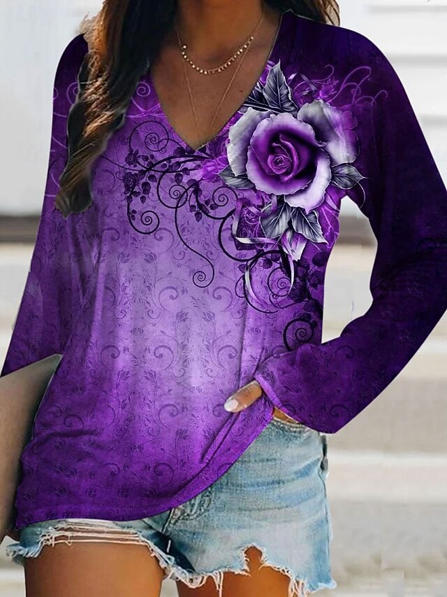 Halloween Women's T Shirt Graphic Rose Vintage Stylish Classic Long Sleeve V Neck Regular Tops Daily Print Pink Purple Green Spring Fall4