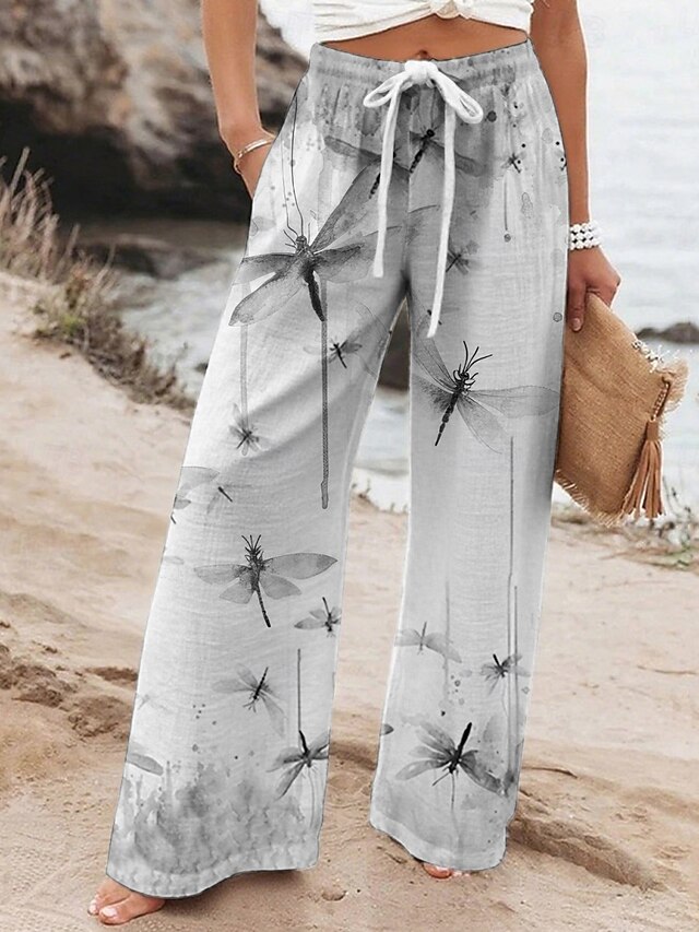 Women's Wide Leg Pants Trousers Vacation Casual Long High Waist Graphic Prints Elastic Waist Printing High Cut Breathability Soft Micro-elastic Vacation Street Daily Wear Green Gray Spring Fall4