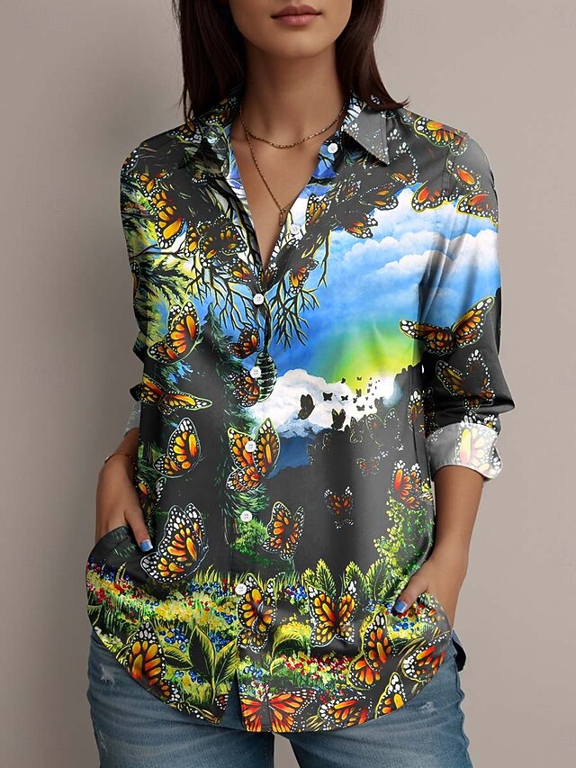 Dakota Daetwiler by Women's Shirt Blouse Floral Butterfly Striped Vintage Tropical Stylish Long Sleeve Shirt Collar Regular Tops Work Daily Holiday Buttons Print Blue Summer Spring Fall4