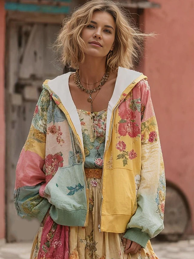 Women's 3D Print Vintage Boho Hoodie Patchwork Hoodie Sweatshirt Floral Zip Up s Floral Graphic Fashion Casual Long Sleeve Hooded  Street Dailywear Casual Patchwork Zipper Pocket Yellow Spring Fall3