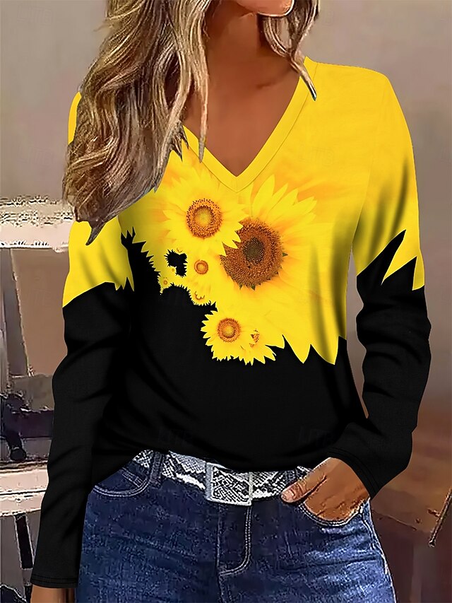 Women's T shirt Long Sleeve Floral Graphic Plants Vintage Stylish Classic Long Sleeve V Neck Regular Tops Daily Print Yellow Spring Fall Winter Prefall4