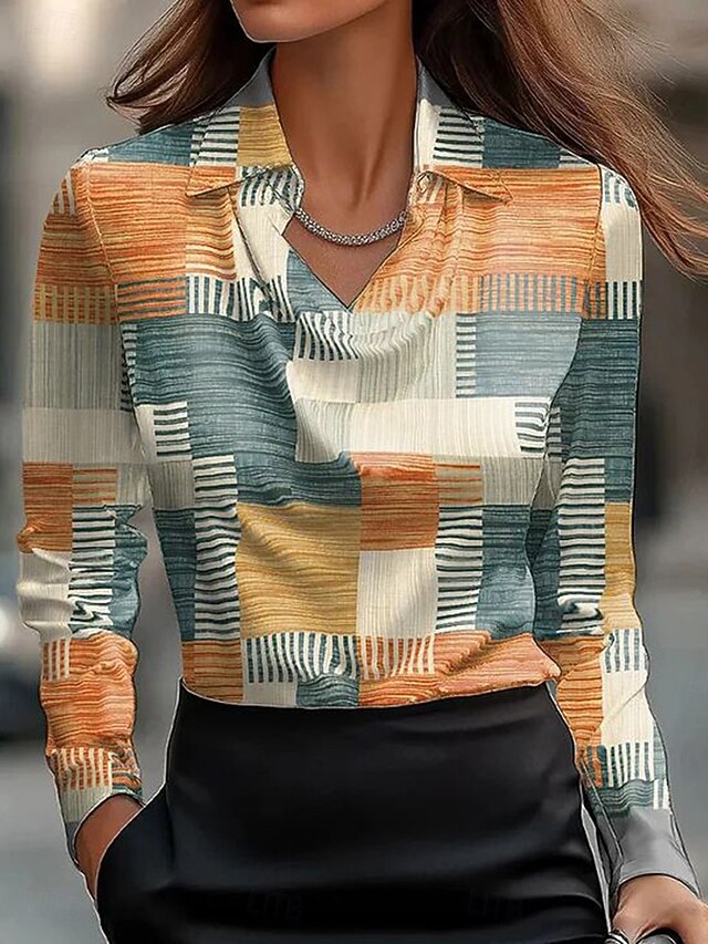 Women's Shirt Dressy Tops Formal Work Shirt Graphic Geometric Elegant Stylish Casual Long Sleeve Cowl Neck V Neck Regular Tops Party Evening Wear Daily Ruched Draped Yellow Brown Green Spring Fall4