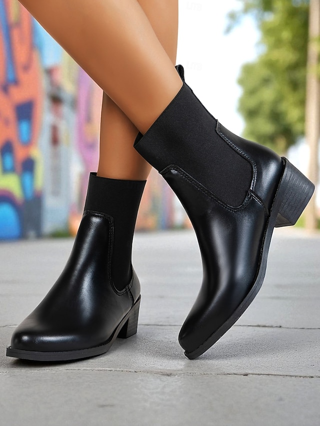  Bruna chelsea-stövlar i konstläder för dam – elastiska slip-on-stövlar med låg klack för daglig pendling, höstkläder och vardagskläder i stan