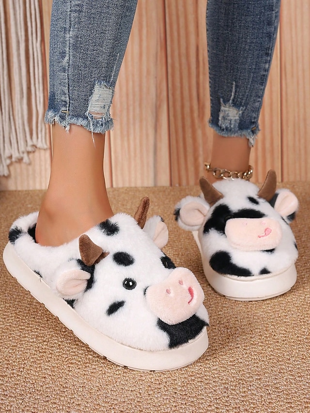 Papuci drăguți de pluș pentru femei, cu model de vacă, cu design 3D cu animale și căptușeală moale – pantofi confortabili de iarnă pentru casă și cadouri de sărbători
