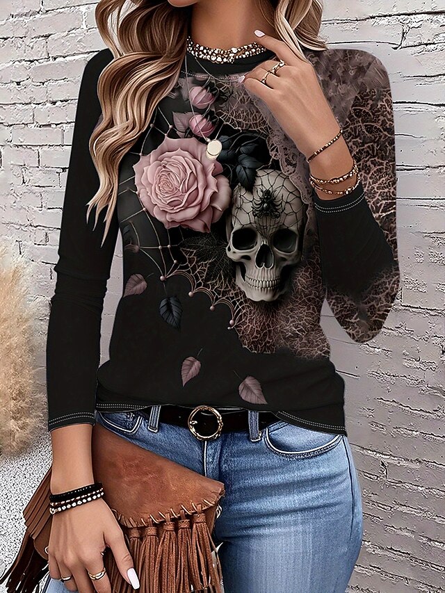 Halloween Women's T Shirt Skulls Floral Graphic Vintage Stylish Classic Long Sleeve Crew Neck Round Neck Regular Tops Daily Print Dusty Rose Spring Fall Winter4