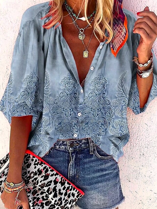 Women's Summer Tops Floral Graphic 3D Bohemia Vintage Daily 3/4 Length Sleeve Half Sleeve V Neck Regular Tops Daily Holiday Beach Wear Ruched Embroidered Print Denim Blue Navy Blue Light Blue Summer4