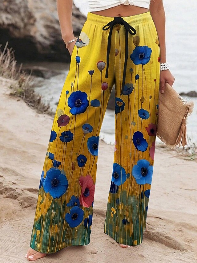Women's Wide Leg Pants Trousers Vacation Casual Long High Waist Floral Elastic Waist Printing High Cut Breathability Soft Micro-elastic Vacation Street Daily Wear Yellow Spring Fall Regular Fit4