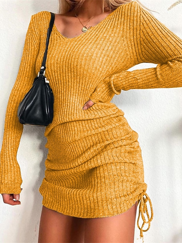  Femmes Mini Robe Robe Pull Mode Moderne Extérieur Vacances Fête Coupe régulière Uni manche longue Col en V Noir Jaune Vin Vert foncé Automne