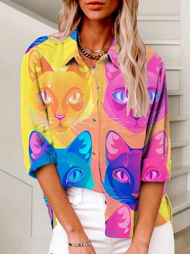 Women's Shirt Cat Active Daily Stylish Long Sleeve Shirt Collar Regular Tops Daily Holiday Buttons Print Rainbow Summer Spring Fall4