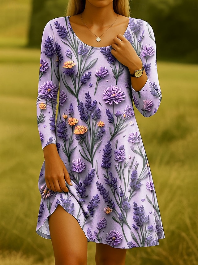  Rochie mini pentru femei cu guler rotund mânecă lungă rochie casual rochie de tip T-shirt rochie stil Tee rochie în A casual tăiere regulată grafic floral guler rotund negru albastru violet verde