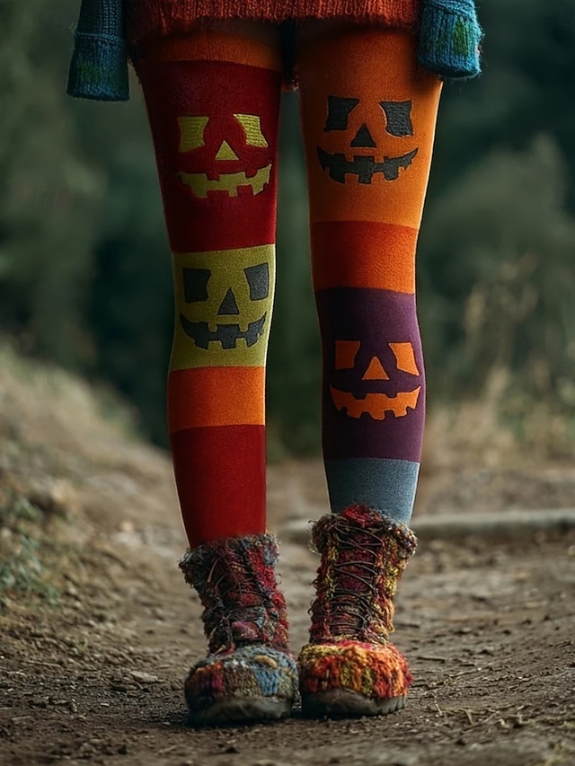 Жен. Брюки Леггинсы Уютные леггинсы Уличный стиль На каждый день Полная длина ЗавышеннаяPantsHalloween Тыква Эластичная талия С принтом Воздухопроницаемость Удобный Эластичная