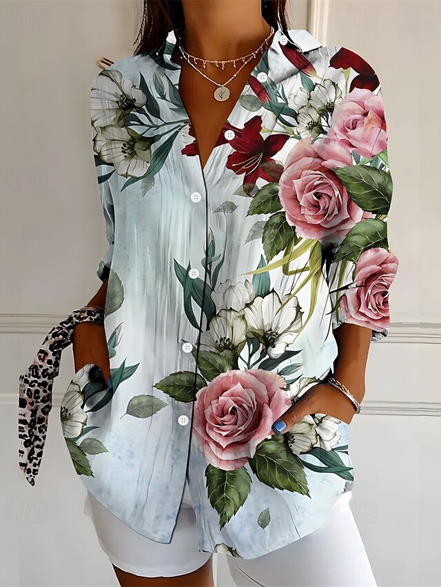 Women's Shirt Floral Active Daily Stylish Long Sleeve Shirt Collar Regular Tops Daily Holiday Buttons Print Light Blue Spring Fall4