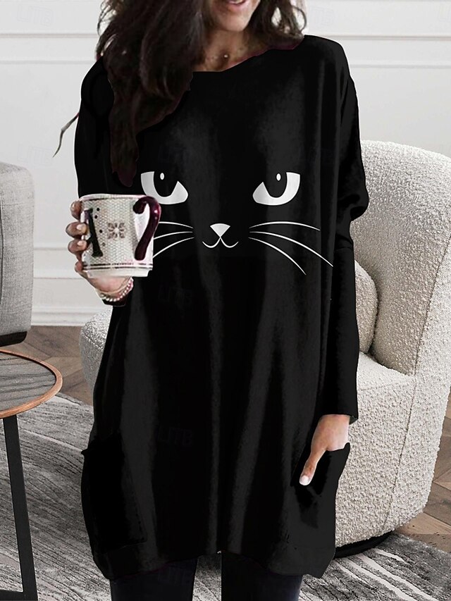 Halloween Women's T shirt Black Cat Graphic Fashion Long Sleeve Crew Neck Long Tops Daily Going out Weekend Pocket Print Black Blue Spring Fall3