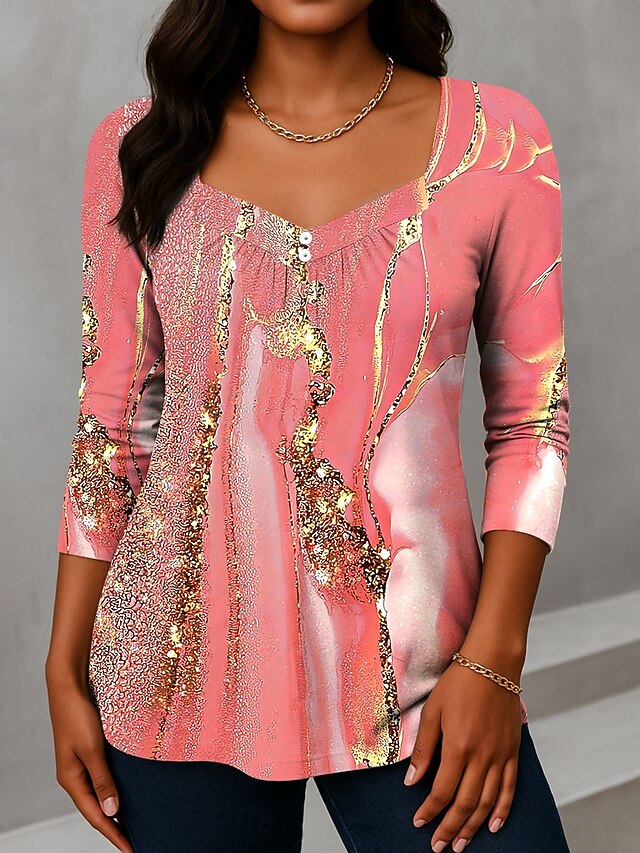 Women's T Shirt Ombre Graphic Elegant Vintage Fashion Long Sleeve Asymmetric Neck Regular Tops Daily Weekend Vacation Wear Buttons Print Pink Purple Green Summer Spring4