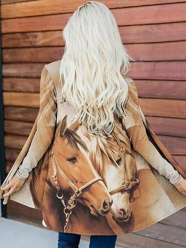 Women's Casual Jacket Warm Comfortable Irregular Hem Elegant Vintage Fashion Modern Animal Street Casual Athleisure Daily Long Collarless Loose Fit Long Sleeve Outerwear Black Brown Khaki Fall4