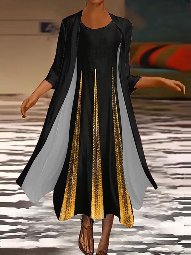 Women's Dress Set Shift Dress Summer Dress Casual Ombre Geometric Layered Print Midi Dress 3/4 Length Sleeve Crew Neck Daily White Yellow Orange Spring Fall Regular Fit4