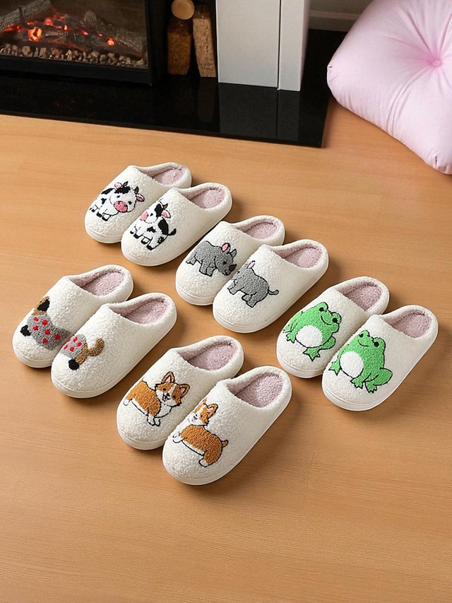  Pantufas femininas de lã sintética branca com estampa fofa de corgi – chinelos confortáveis de inverno para casa, quarto e sala de estar