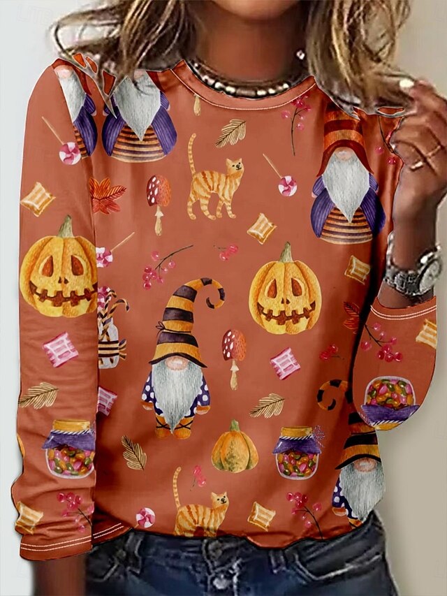 Halloween Women's T shirt Pumpkin Long Sleeve Graphic Vintage Stylish Casual Long Sleeve Crew Neck Regular Tops Daily Print Yellow Blue Orange Fall Winter Prefall4