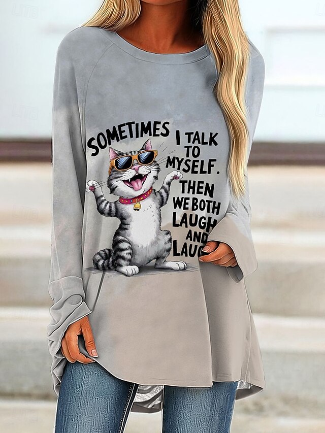 Women's T shirt Long Sleeve Graphic Animal Cat Vintage Stylish Classic Long Sleeve Crew Neck Round Neck Regular Tops Daily Print Gray Spring Fall Prefall4