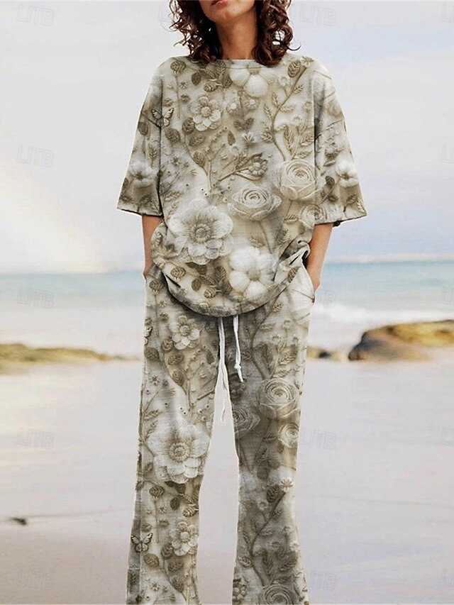 Women's Active Fashion Pants Sets 3/4 Length Sleeve Crew Neck Floral Print Vacation Daily Holiday Green Summer Regular Fit4