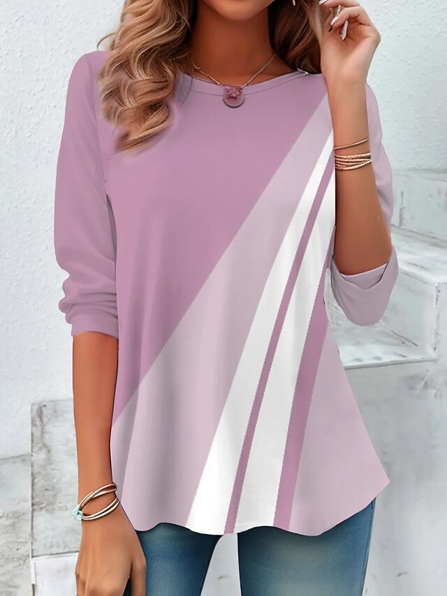 Women's T Shirt Graphic Geometric Vintage Fashion Stylish Long Sleeve Crew Neck Round Neck Regular Tops Daily Weekend Print Black Pink Blue Summer Spring Fall4