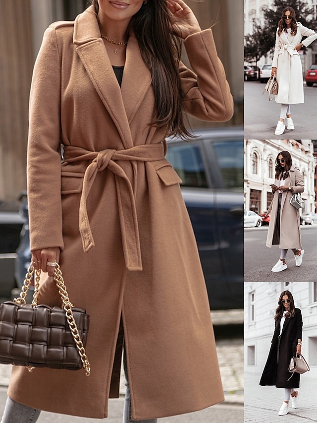  Femmes Manteau Trench Chaud Confortable Avec Poches Mode Moderne Occasionnel Uni Sortir Week-end Simple Boutonnage Long Col Rabattu Coupe régulière manche longue Vêtements d'extérieur Noir Blanche