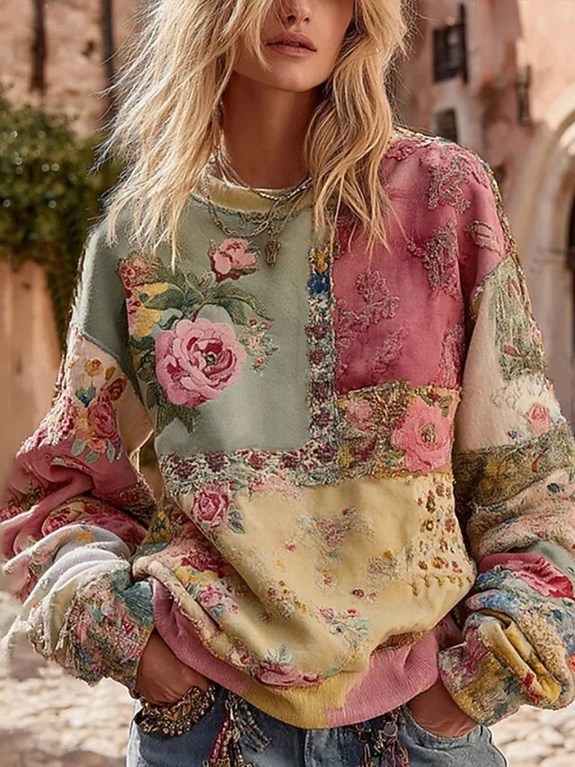 Women's 3D Print Vintage Boho Hoodie Patchwork Hoodie Sweatshirt Floral Pullover Sweatshirt  Warm Active Vintage Long Sleeve Crew Neck  Street Dailywear Casual Patchwork Pink Spring Fall Winter3